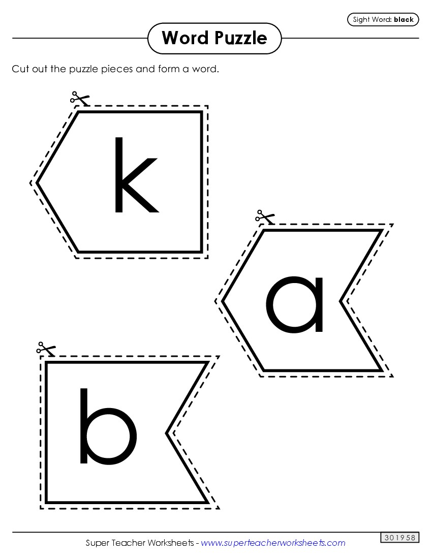 Word Puzzle: Black Sight Words Individual Worksheet