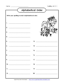 ABC Order: Write List (C-11) Spelling C Worksheet