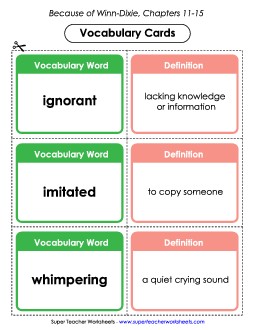 Vocab. Cards for Chapters 11-15 Book Because Of Winn Dixie Worksheet