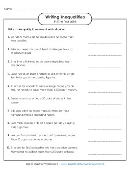 Writing Inequalities Worksheet