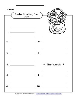 Spelling Test (A-Easter)  Spelling A Worksheet