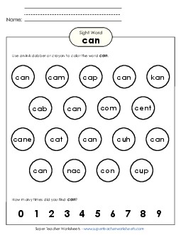 Dab or Color: Can Sight Words Individual Worksheet