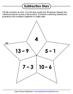 Subtraction Star Puzzles (Minuends up to 20) Worksheet