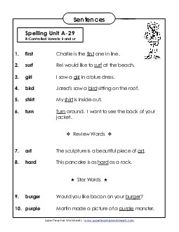 Spelling Test Sentences (A-29) Spelling A Worksheet