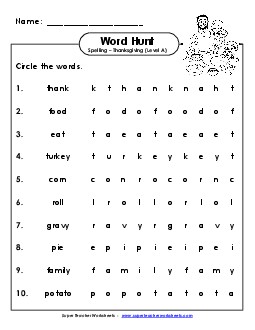 Horizontal Word Hunt (A-Thanksgiving)  Spelling A Worksheet