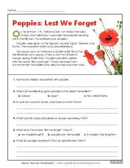 Poppies (Short Article) Reading Comprehension Reading Comp Short Worksheet