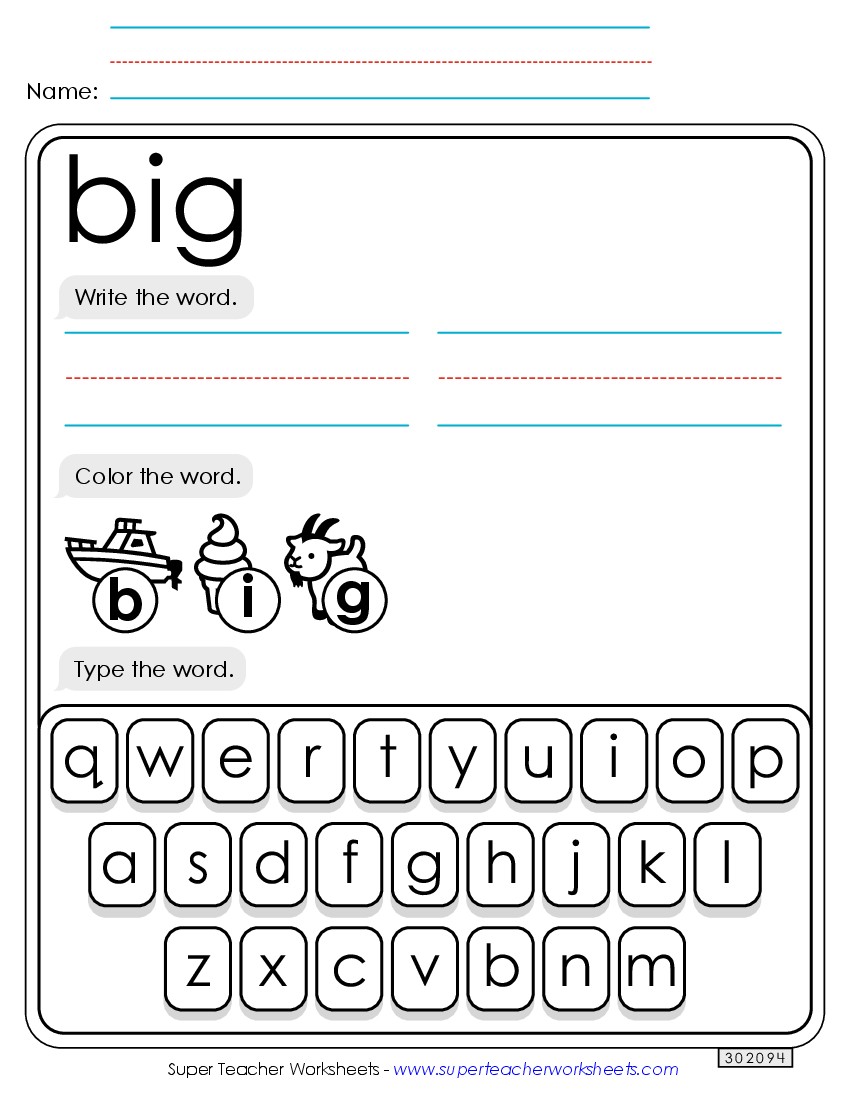 Write, Color, Type: Big Sight Words Individual Worksheet