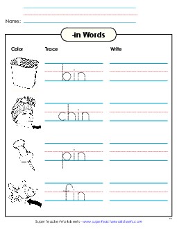 Trace and Write (-in) Word Families Worksheet