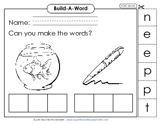 Build Words: Pet and Pen Phonics Cvc Worksheet