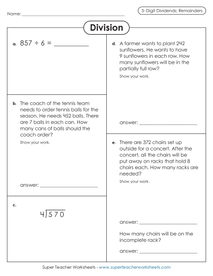 Variety Worksheet: 3-Digit Dividends (w/ Remainders) Division Worksheet