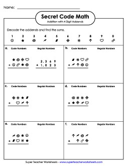 Secret Code Math: 4-Digit Addition Worksheet