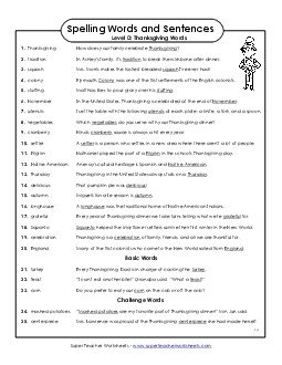 Spelling Test Sentences (D-Thanksgiving)  Spelling D Worksheet