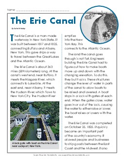 The Erie Canal 4th Grade Reading Comprehension Worksheet