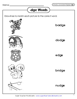 Matching Worksheet (-dge Words) Phonics Trigraphs Worksheet