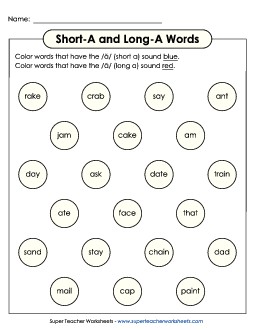 Dabber Activity: Long A and Short A Free Phonics Long Short A Worksheet