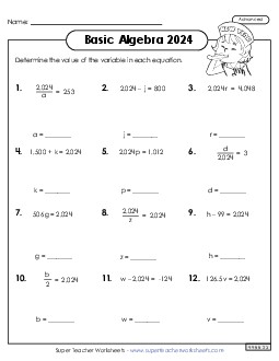 Find the Variable 2024 (Advanced) New Year Worksheet