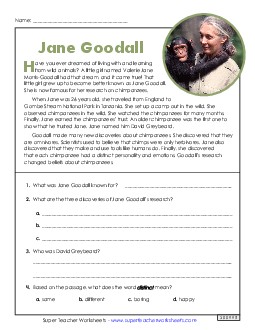 Jane Goodall (Short Biography) 4th Grade Reading Comprehension Reading Comp Short Worksheet