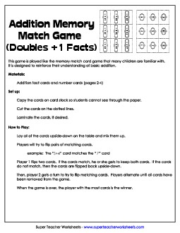 Addition Memory Match Card Game: Doubles +1 Worksheet