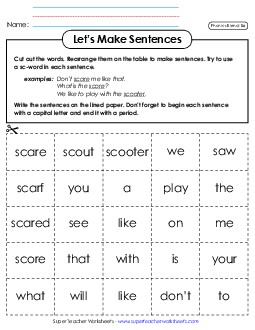 Let\'s Make Sentences (Sc-) Phonics Blends Worksheet