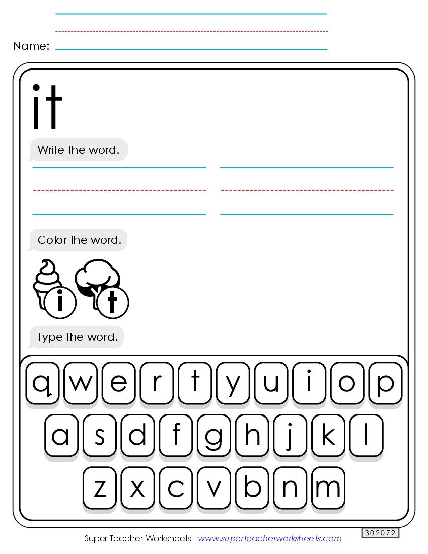 Write, Color, Type: It Sight Words Individual Worksheet