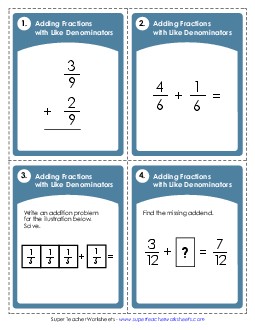 Task Cards: Adding Fractions With Like Denominators Worksheet