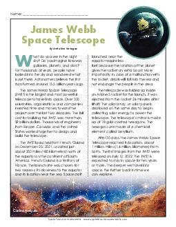 James Webb Space Telescope Article & Questions 5th Grade Reading Comprehension Worksheet