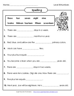 Sentence Completion (B-Number Words)  Spelling B Worksheet