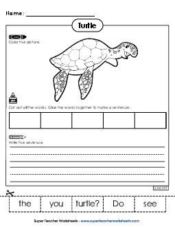 Build a Sentence: Do you see the turtle? Ocean Life Worksheet