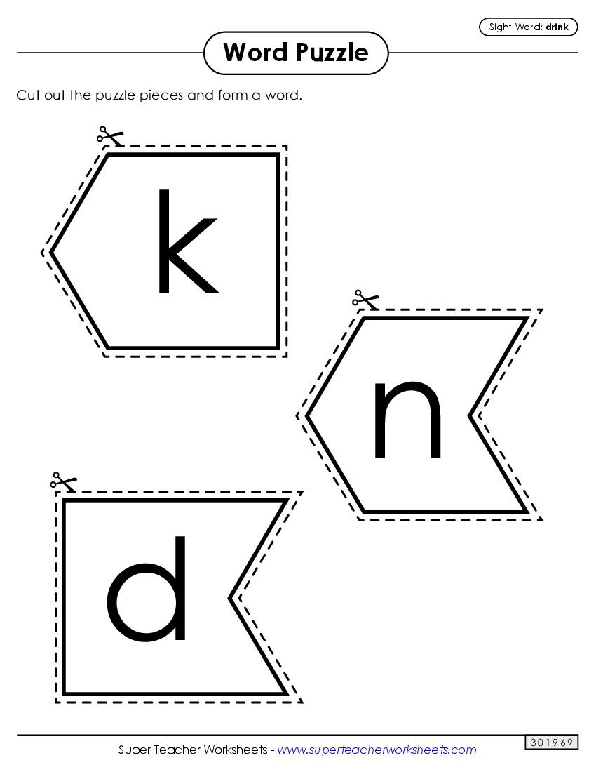 Word Puzzle: Drink Sight Words Individual Worksheet