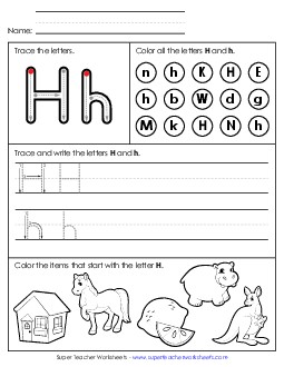 Tracing, Writing, and Recognizing Letter H Alphabet Worksheet