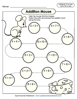 Addition Mouse (Addends to 10, Sums to 20)   Worksheet