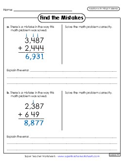 Find the Mistakes Addition Worksheet