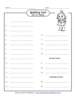 Spelling Test (E-12) Spelling E Worksheet