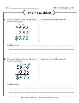 Find the Mistakes (Version 2) Subtraction Worksheet