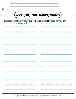 Brainstorm and Write (-ear) Word Families Worksheet