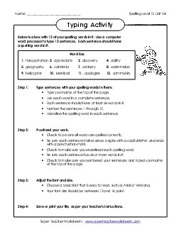 Typing Sentences Activity (D-24) Spelling D Worksheet