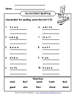 Unscramble (A-20) Spelling A Worksheet