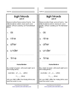 Take-Home List (Unit 29)  Sight Words Worksheet