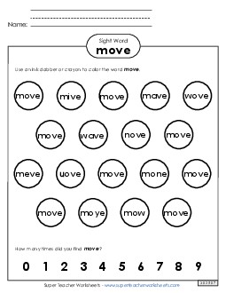 Dab or Color: Move Sight Words Individual Worksheet