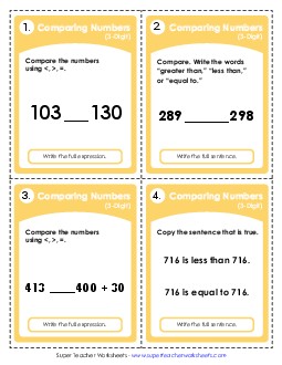 Task Cards: Comparing 3-Digits Place Value Worksheet