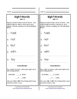 Take-Home List (Unit 13)  Sight Words Worksheet