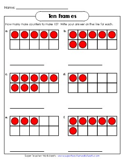 Ten Frames: How Many More Counters? Worksheet