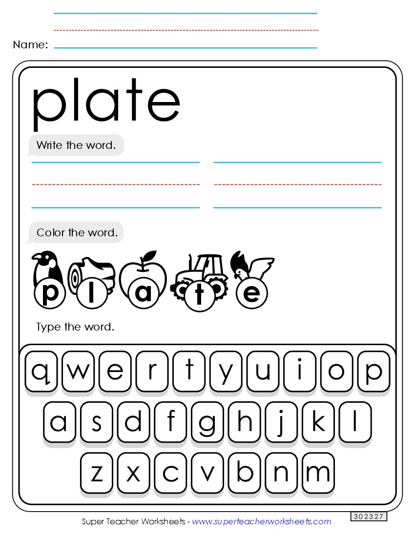 Write, Color, Type: Plate Sight Words Individual Worksheet