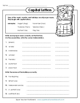 Capitalizing Days, Months, and Holidays Free 2nd Grade ELA Worksheet