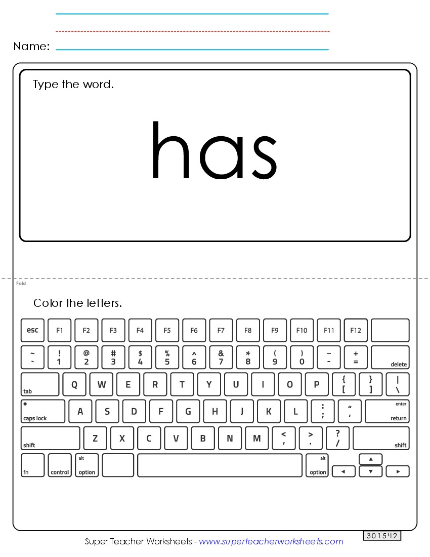 Type the Word: Has Sight Words Individual Worksheet