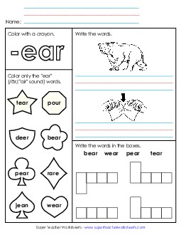 Worksheet 1 (-ear Words) Word Families Worksheet