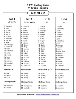 Level D Master List (Grade 4) Spelling D Worksheet