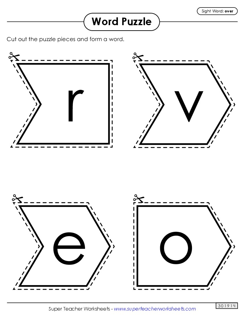 Word Puzzle: Over Sight Words Individual Worksheet