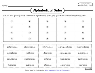 Alphabetical Order: Cut-Glue (F-26)  Spelling F Worksheet