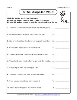 Fix the Mistakes (C-10) Spelling C Worksheet